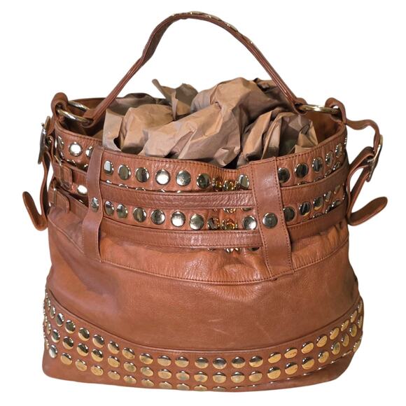 Vtg. Rebecca Minkoff Brown Studded Leather Shoulder Hobo Weekender Tote Bag - Picture 3 of 12